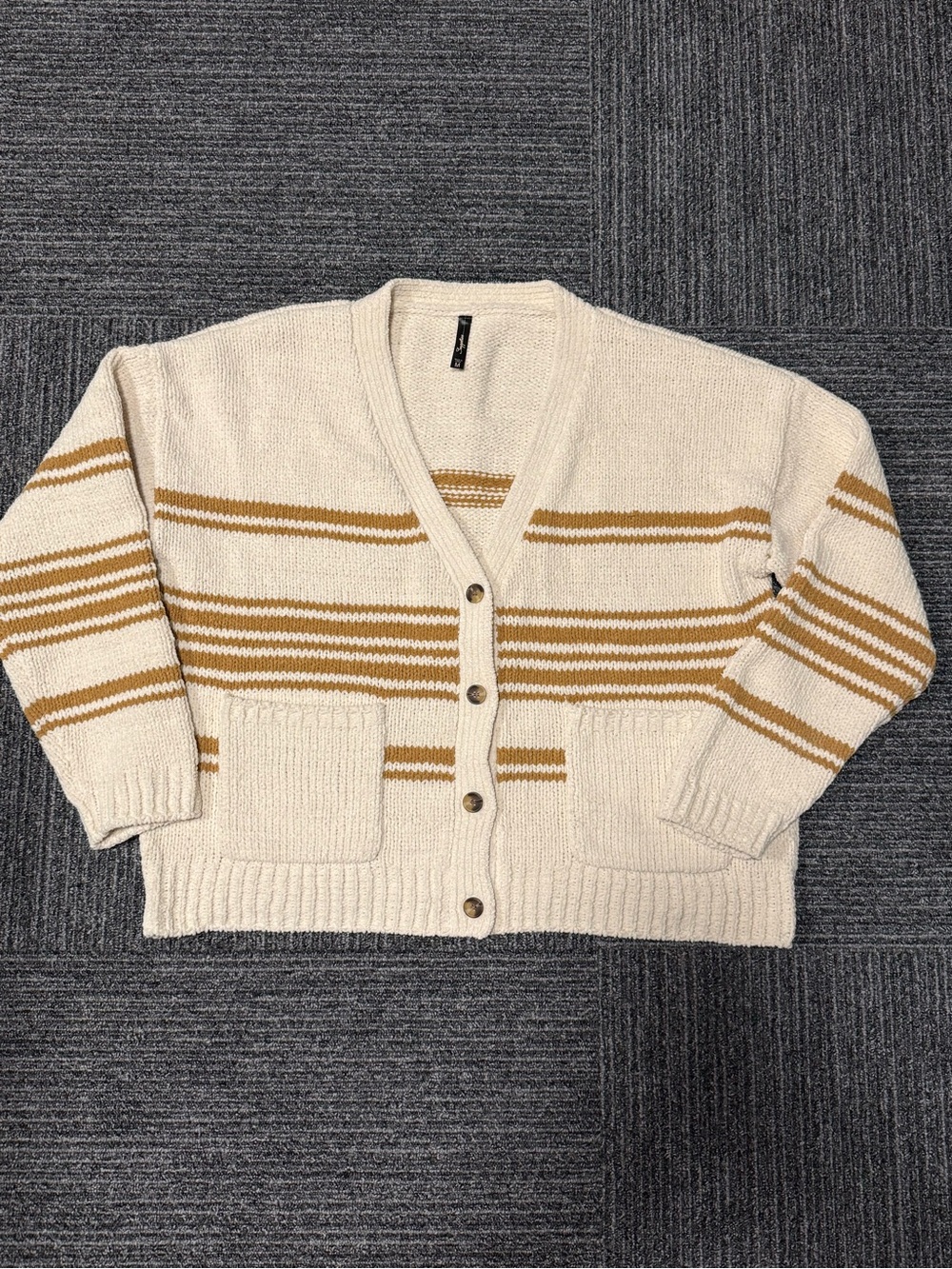 V-Neck Cream Cardigan with Mustard Stripes - Unbranded